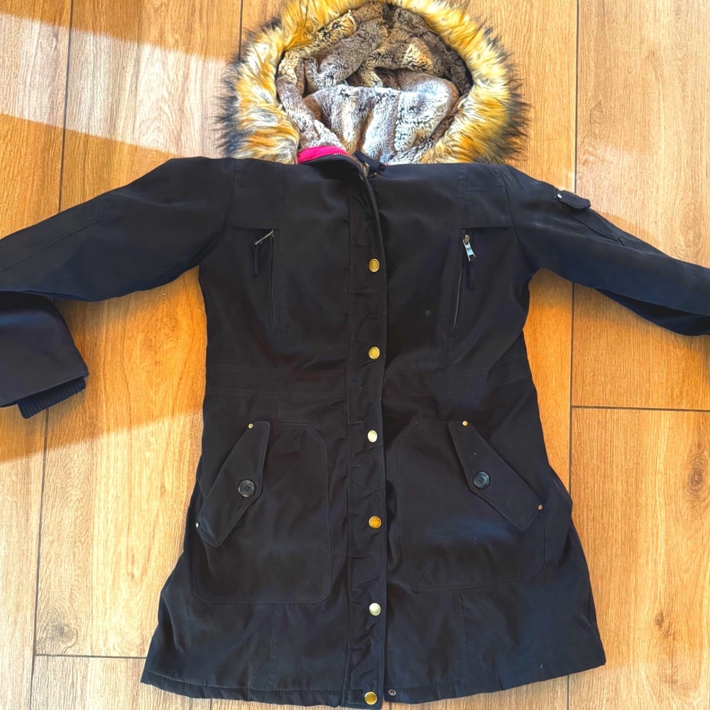 1 Madison Expedition Heritage Collection Black Faux Fur Trim Hooded Parka Coat M
